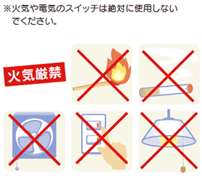 画像：※火気や電気のスイッチは絶対に使用しない でください。